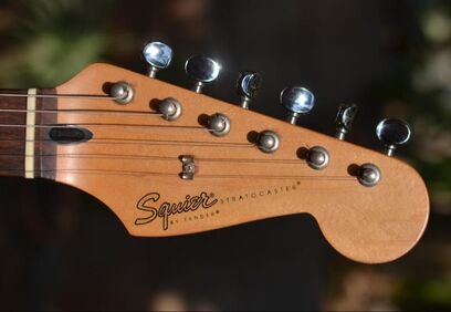 Mexican Squier Standard Stratocaster headstock. Note the pregnant shape, different from that of the US Squier